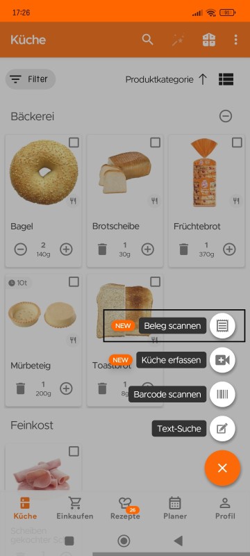Scan Receipt option in Kitchen page